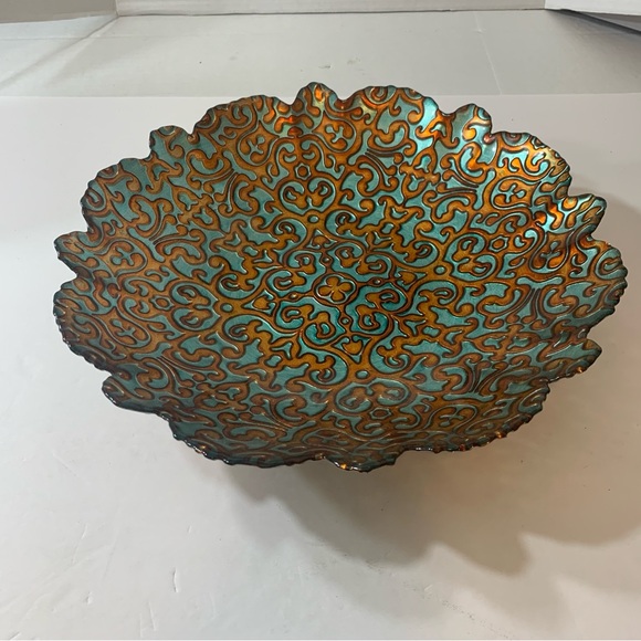 ArdaCam Hand Painted Turquoise & Bronze Glass 12” Round Serving Platter Bowl - Picture 16 of 16